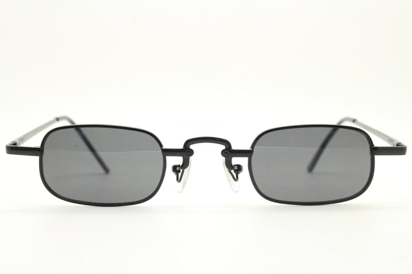 90s vintage small rectangular sunglasses. Imposing minimal gunmetal grey victorian style frame with black lenses. Steampunk. Unused NOS