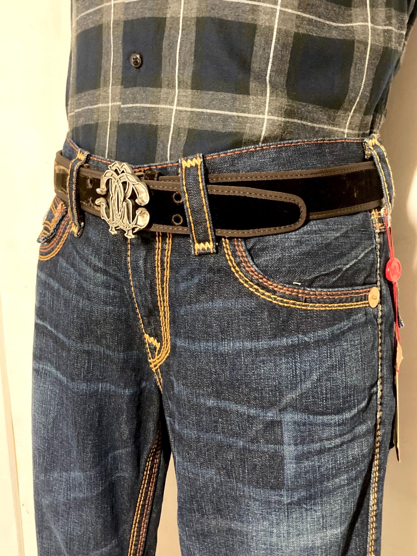 Roberto Cavalli Y2K vintage belt. Brown velvet with tape edge, Logo 'shield' buckle and leather back. Made in Italy. Mens NOS with dust bag