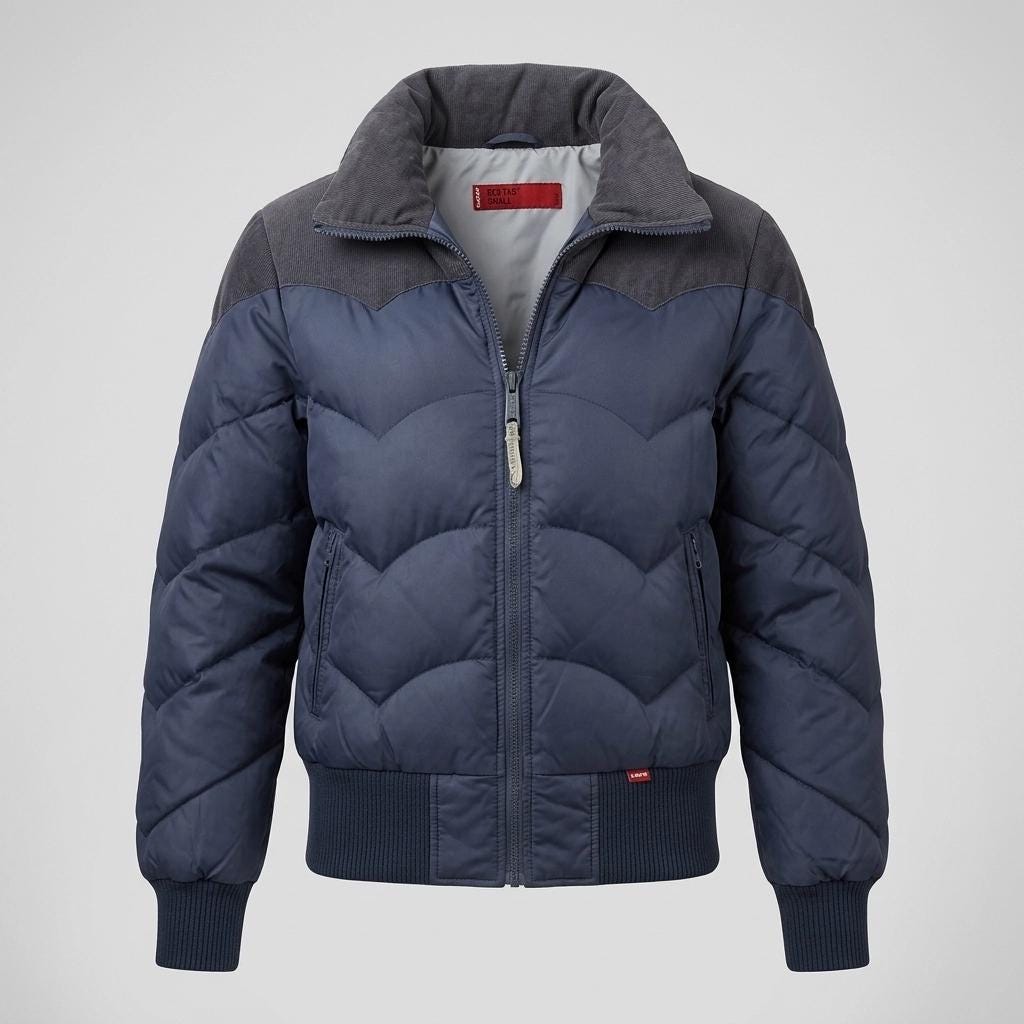 Levis fitted feather and down bomber jacket. Women's high collar zipper with ribbed cuffs and waist, corduroy shoulders and yolked quilting