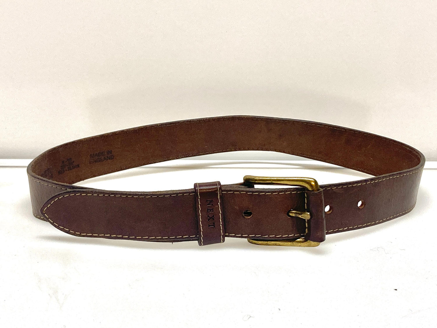 80s vintage brown genuine leather belt with covered brass buckle for jeans or trousers. Substantial quality cowhide made in England by Next
