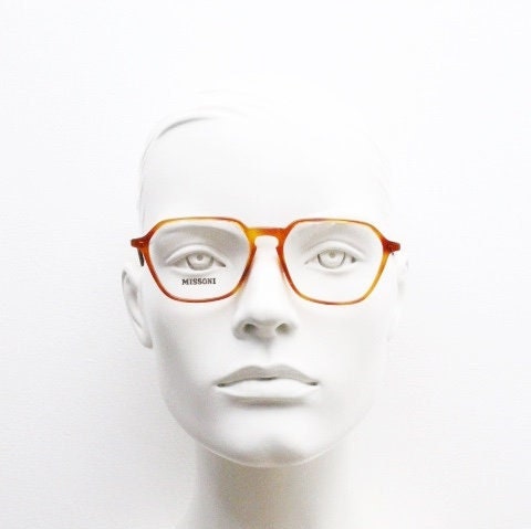 Missoni 90s vintage square hexagon eye glasses made in Italy. Transparent brown optical frames with enamel tiger arms. Prescription RX NOS