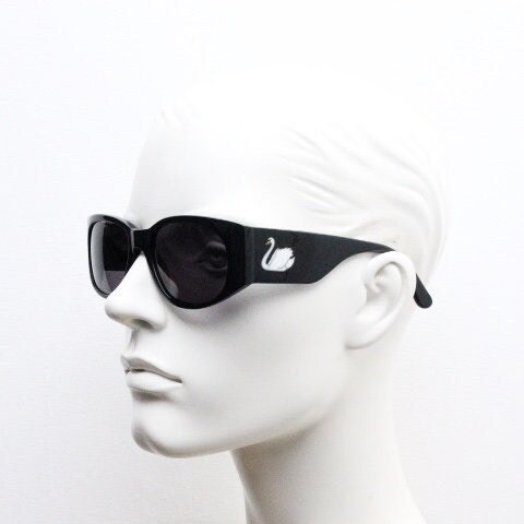 Charles Anastase for Linda Farrow Gallery sunglasses. Womens black gloss acetate  thick frame design with tall arms and swans. NOS vintage