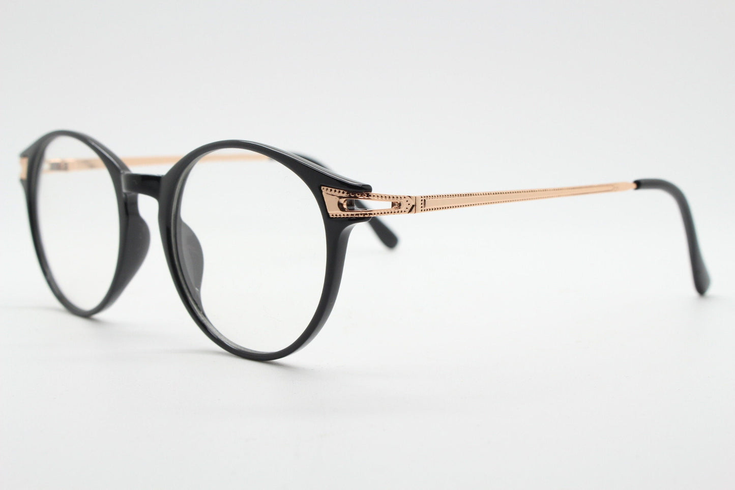 90s vintage round glasses with embossed gold  arms. Black 40s, 50s style prescription optical frames. Clear lens eyeglasses. RX spectacles