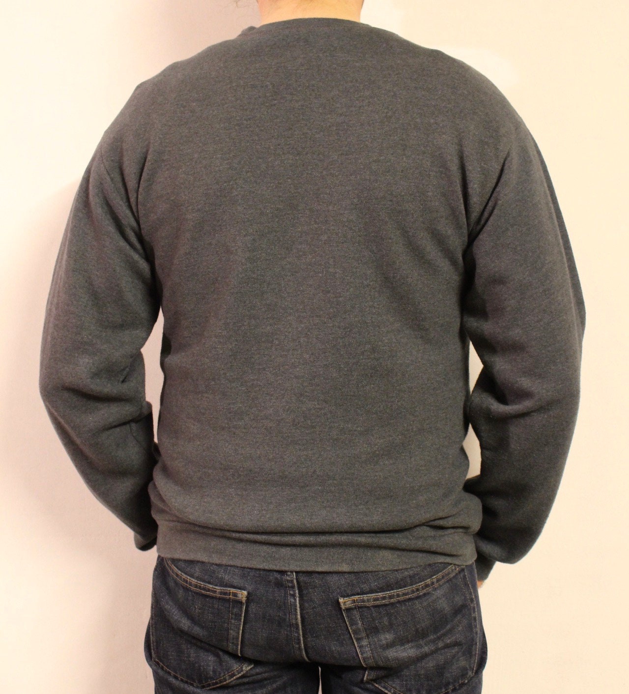 Customised Hanes vintage sweatshirt. Grey fitted crew neck pullover with camouflage panel. Round neck cammo jumper. Mens S