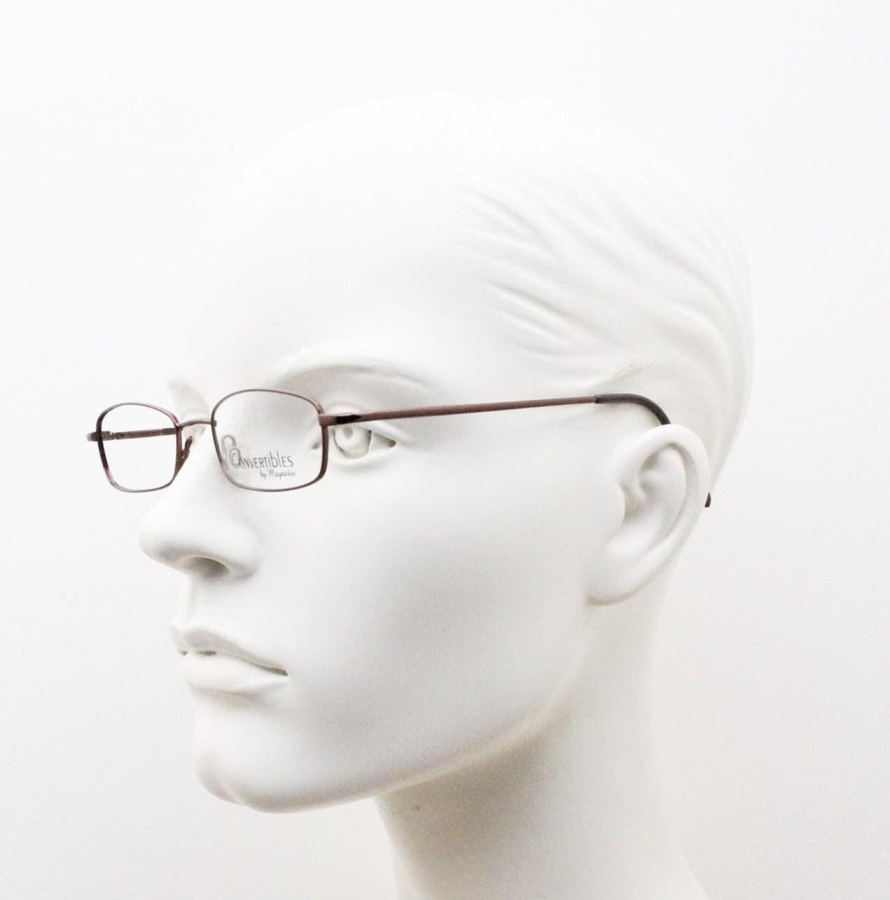 90s vintage small rectangular eye glasses by Convertibles with magnetic clip on sunglasses. Optical frame. Prescription RX spectacles. NOS