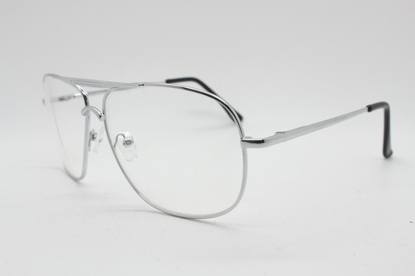 Y2K vintage square aviator glasses. Mens 70s style silver chrome frame with clear lenses. Unused NOS aviators