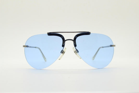 90s vintage small sized aviator sunglasses. Minimal grey satin solid metal half frame aviators with sky blue lenses. Unused NOS
