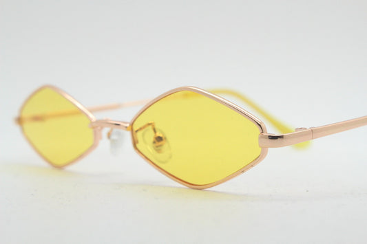 90s vintage small diamond sunglasses. Minimal gold psychedelic mod style frame with bright yellow lenses. Unused BNWT