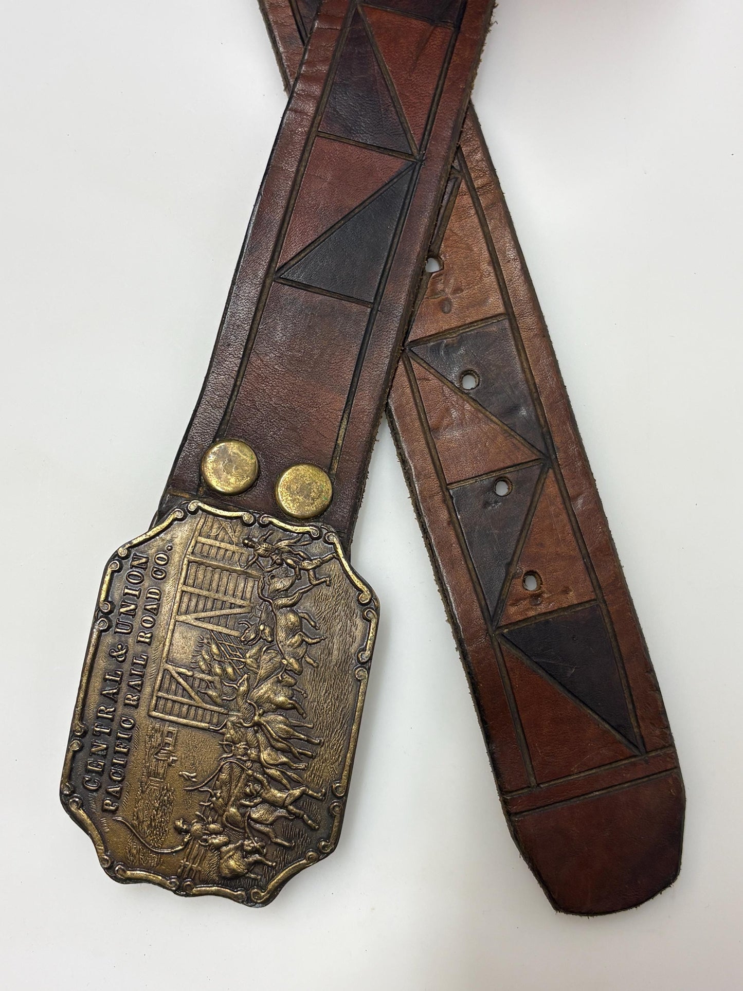 70s vintage brown triangles genuine leather western cowboy belt with big brass changeable buckle. Union Pacific Railroad. Thick cowhide.
