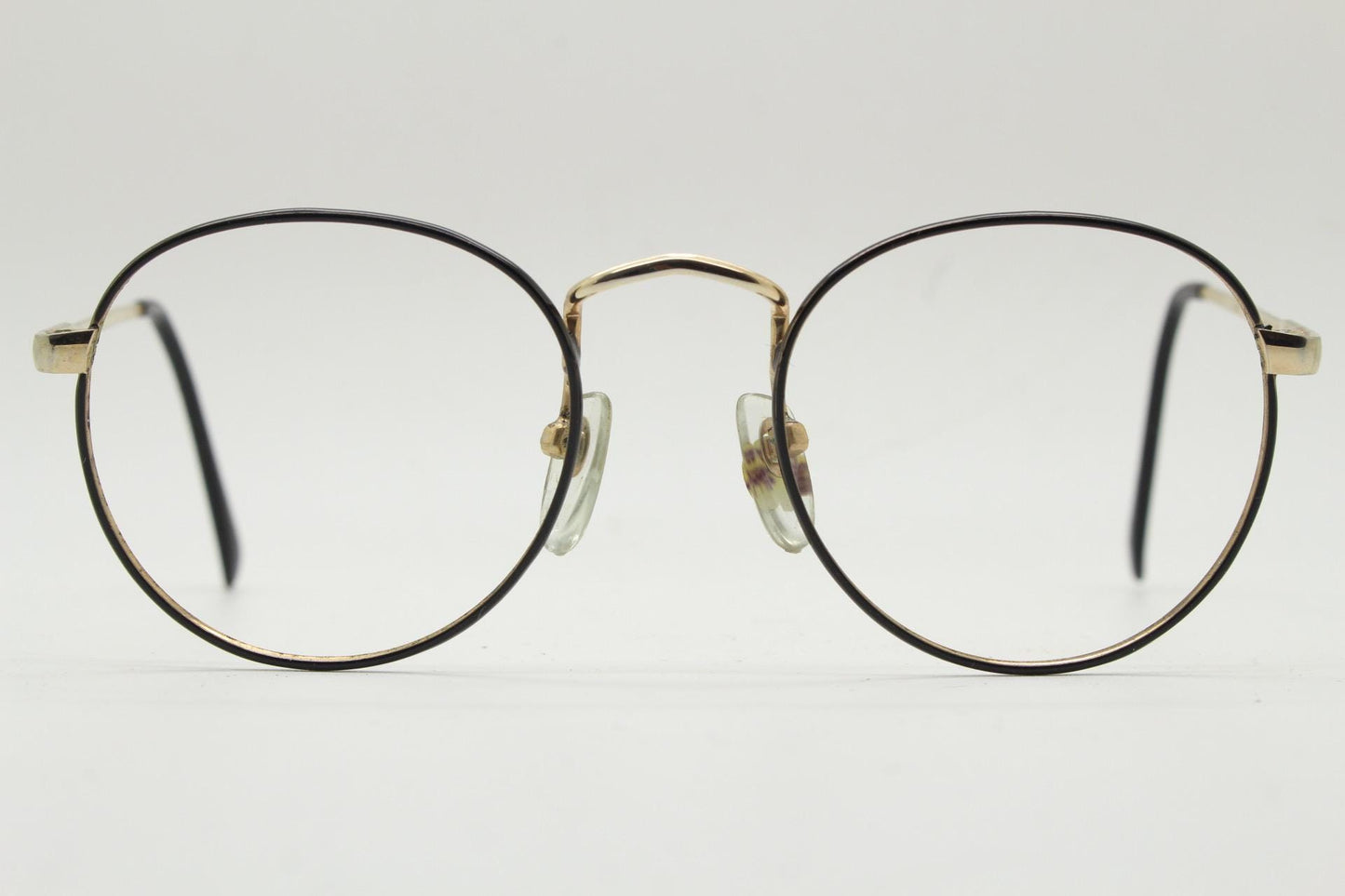 80s vintage round panto metal eye glasses. Minimal gold optical frame with sharp black front. Prescription eyeglasses. RX spectacles