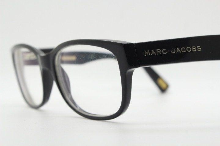 Marc Jacobs rectangular low profile eye glasses. Chunky plain black gloss acetate optical frames. Prescription eyeglasses. RX spectacles