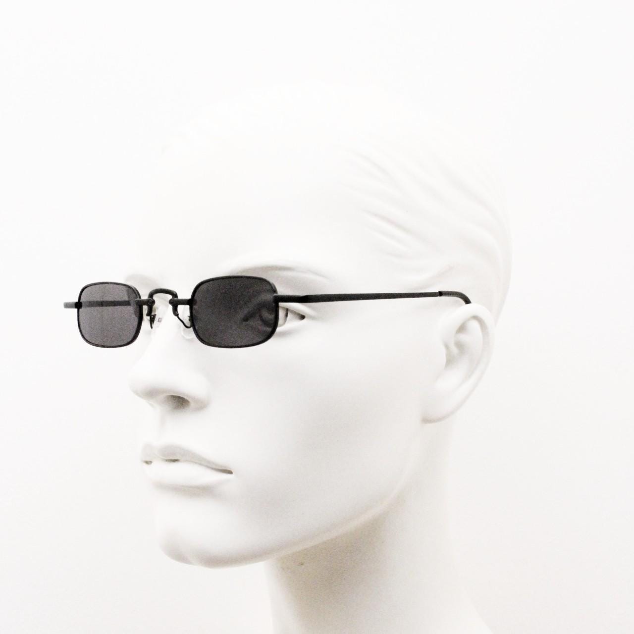 90s vintage small rectangular sunglasses. Imposing minimal all black gloss victorian style frame with dark lenses. Steampunk. Unused NOS