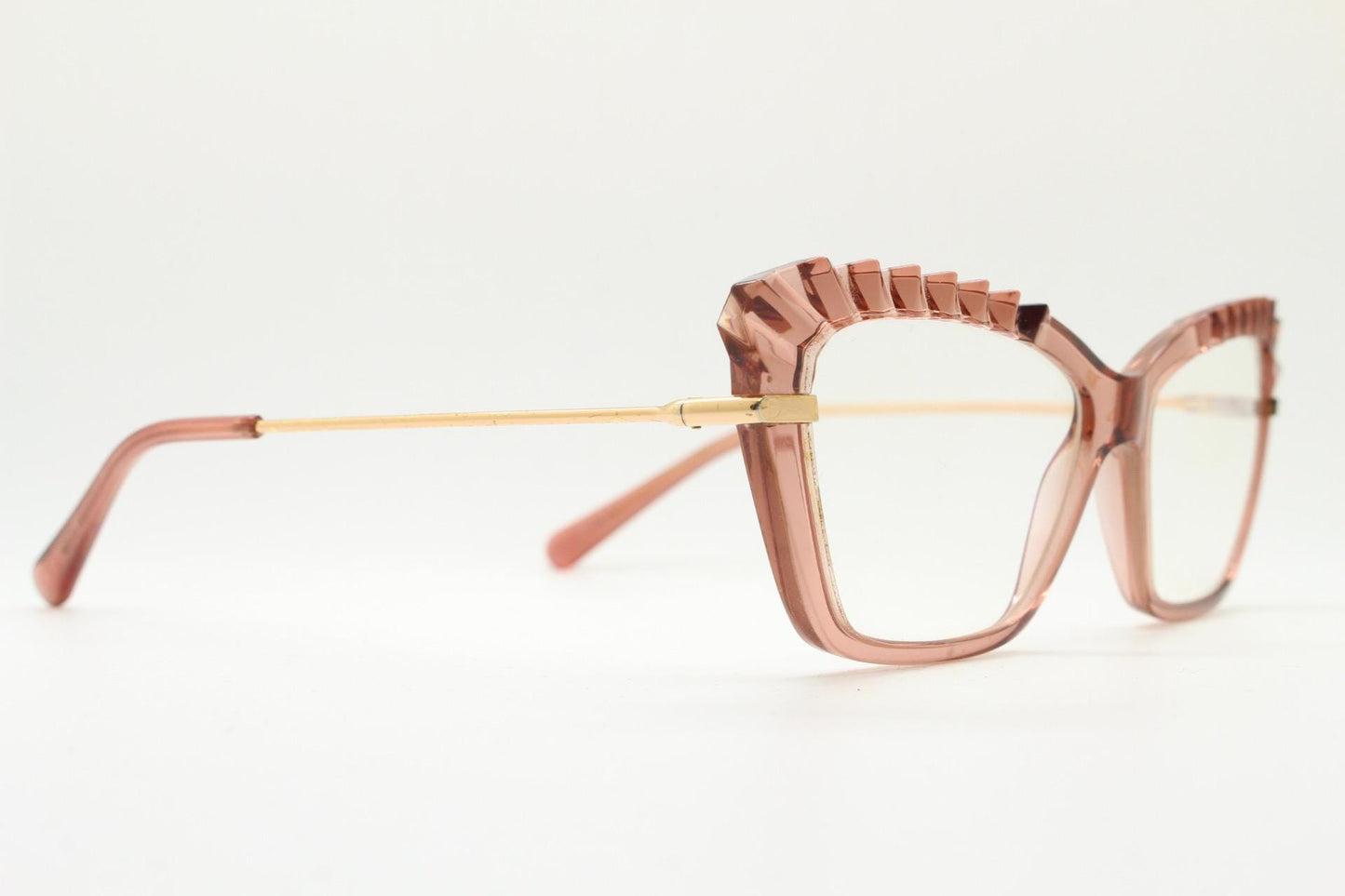 Incredible spiky pointed cat eye glasses. Transparent pink cateye optical frame with slender golden arms. Vintage Prescription RX Spectacles
