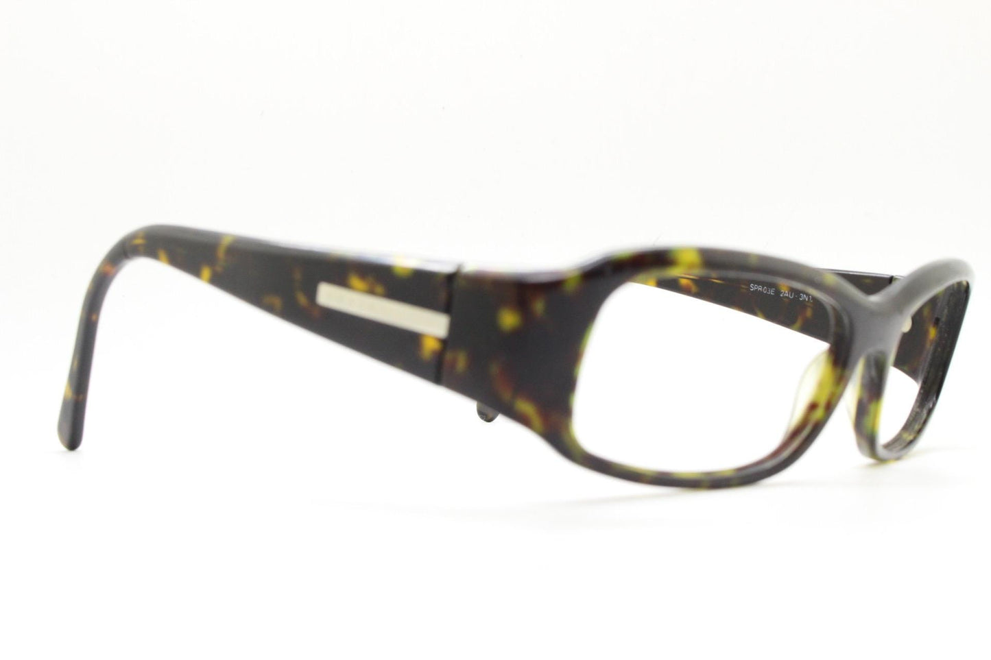 Prada rectangular wrap around eyeglasses made in Italy. Tortoise curving acetate optical frame with tall arms. Vintage prescription glasses