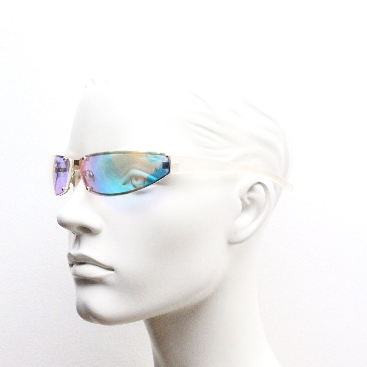 Y2K vintage wraparound sunglasses. Minimal chrome frame with light tone curved gold colour burst mirror lenses. 2000's. 90s. NOS