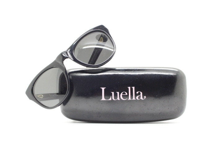 Linda Farrow Collaborations sunglasses with LUELLA. Limited production black acetate chunky wayfarer design with heart crests. NOS vintage