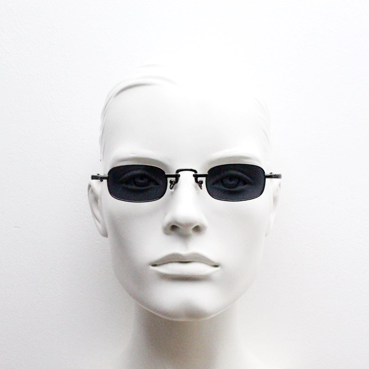 90s vintage small rectangular sunglasses. Imposing minimal gunmetal grey victorian style frame with black lenses. Steampunk. Unused NOS