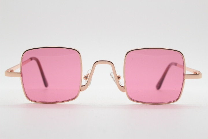 Y2K vintage small square sunglasses. Womens imposing minimal gold metal frame with pink lenses. Steampunk. Cosplay. Unused 2000s NOS