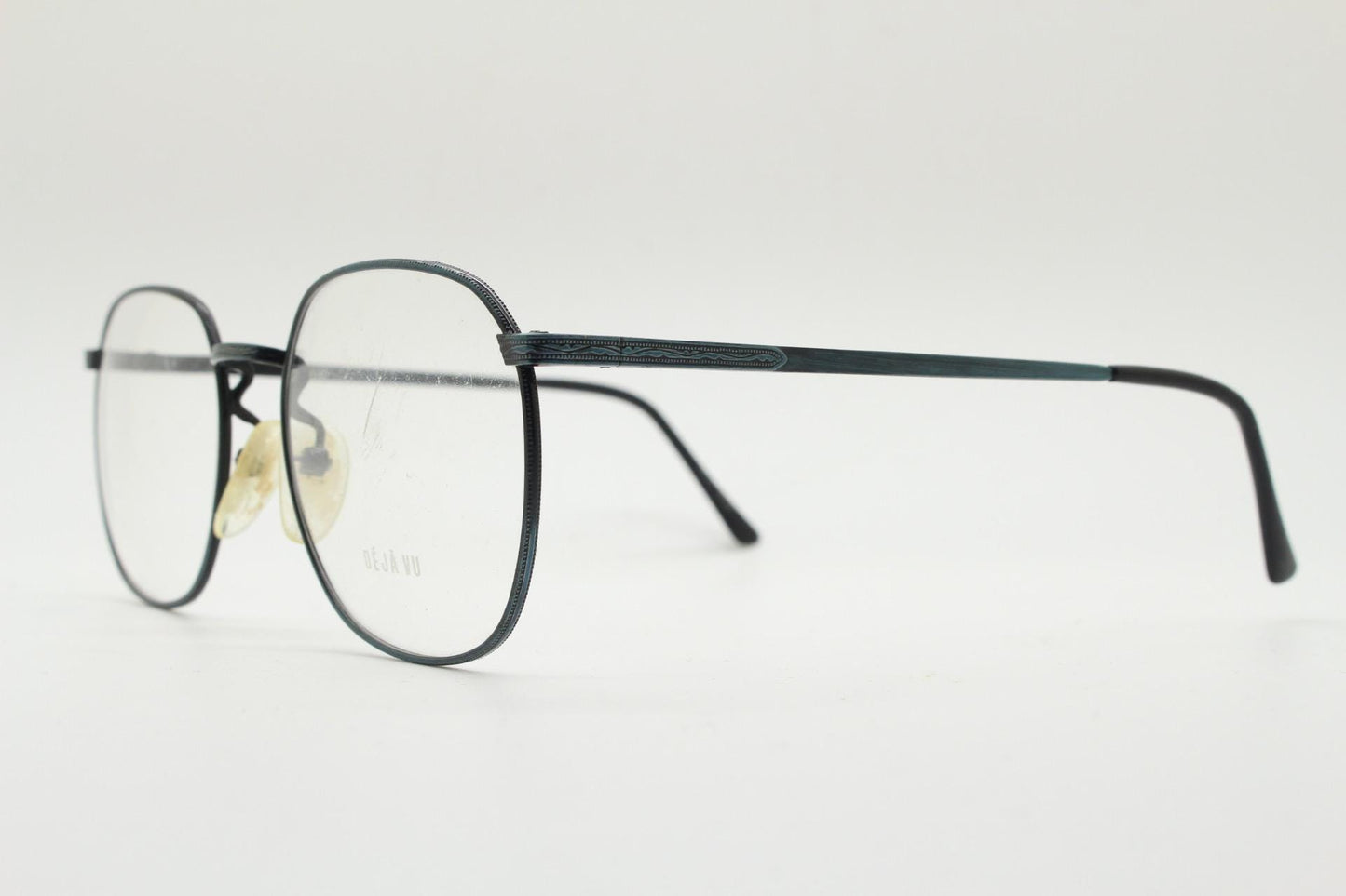 Deja Vu 80s vintage square eye glasses made in Japan. Textured minimal navy metal optical frames. Prescription RX spectacles. Unused NOS