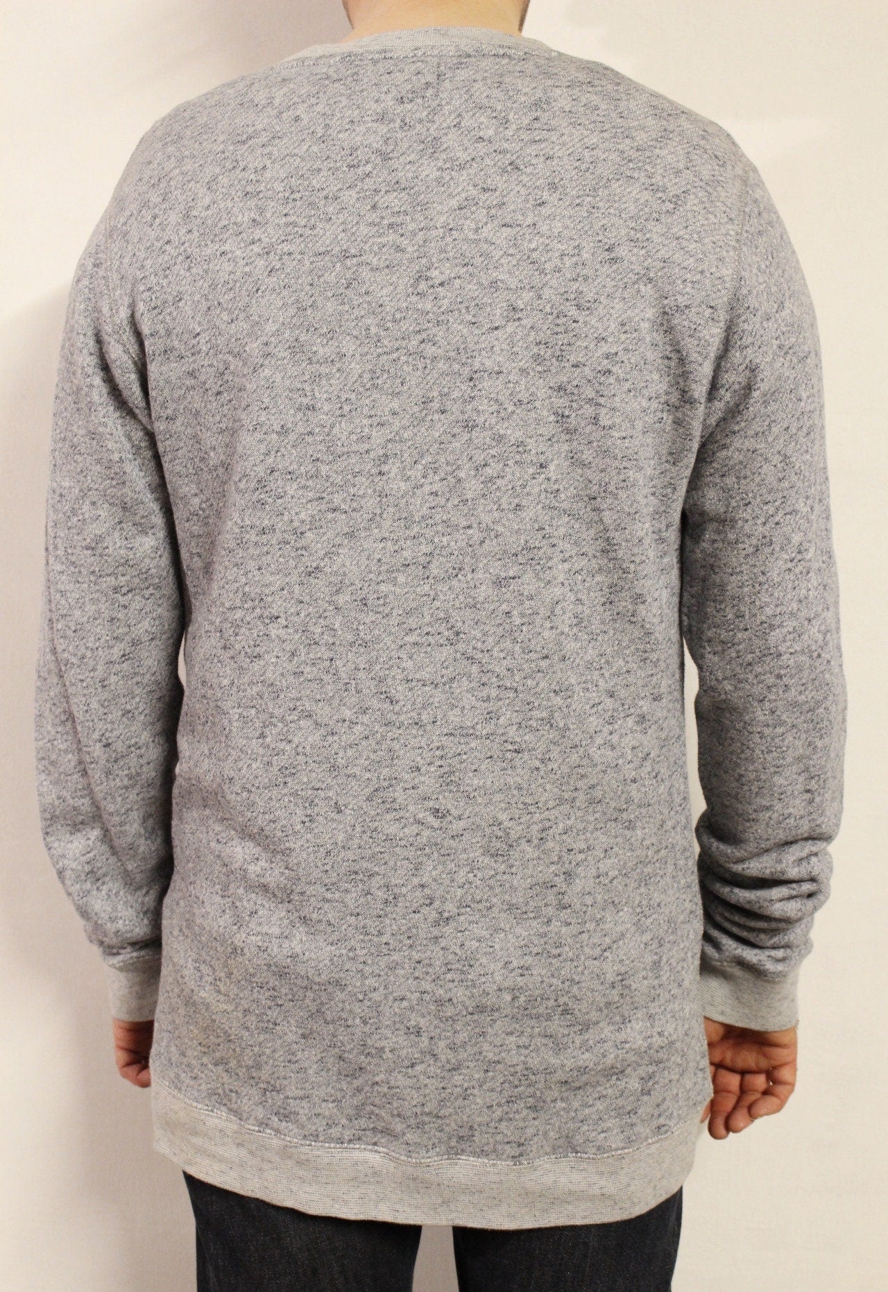 Shore Leave grey fleck long sweatshirt. Crew neck pullover with outside chest pocket. Pure cotton round neck mens jumper