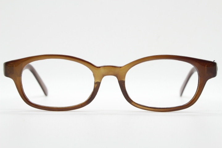 90s vintage rectangular low profile eye glasses. Transparent brown optical frames. Prescription eyeglasses. RX Spectacles. Quality NOS