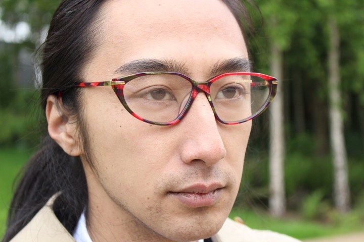 Jil Sander 90s vintage cat eye glasses model 242. Red and black marbled acetate cateye optical frame. Womens RX prescription eyeglasses. NOS