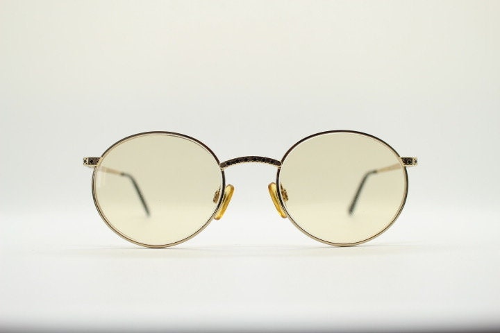 Vogue women's round eye glasses made in Italy. Gold chrome panto optical frame with indented diamond patterns. Prescription RX spectacles