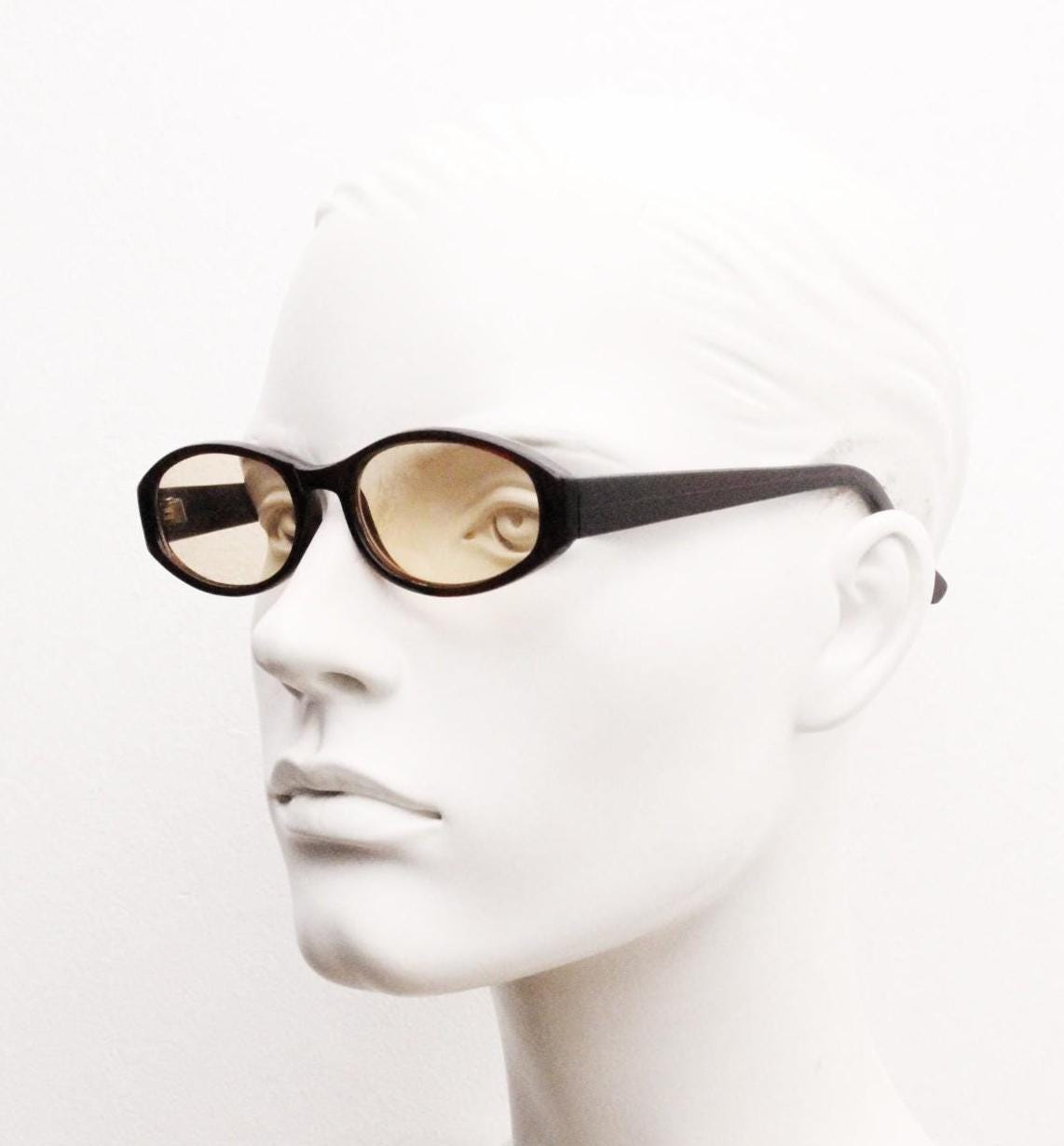 90s vintage rectangular oval sunglasses. Low profile 60s design dark brown acetate frame with light tone lenses. BNWT. Small unused NOS