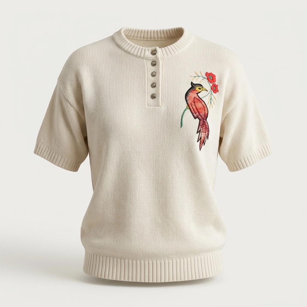 White 80s vintage knit jumper. Short sleeve womens sweater with exotic bird applique. Buttoned crew neck knitted pullover made in the UK