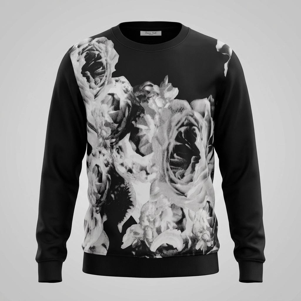 Vintage Y2K black round neck sweatshirt with abstract negative flower print. Womens crew neck long sleeve pullover top. 2000s