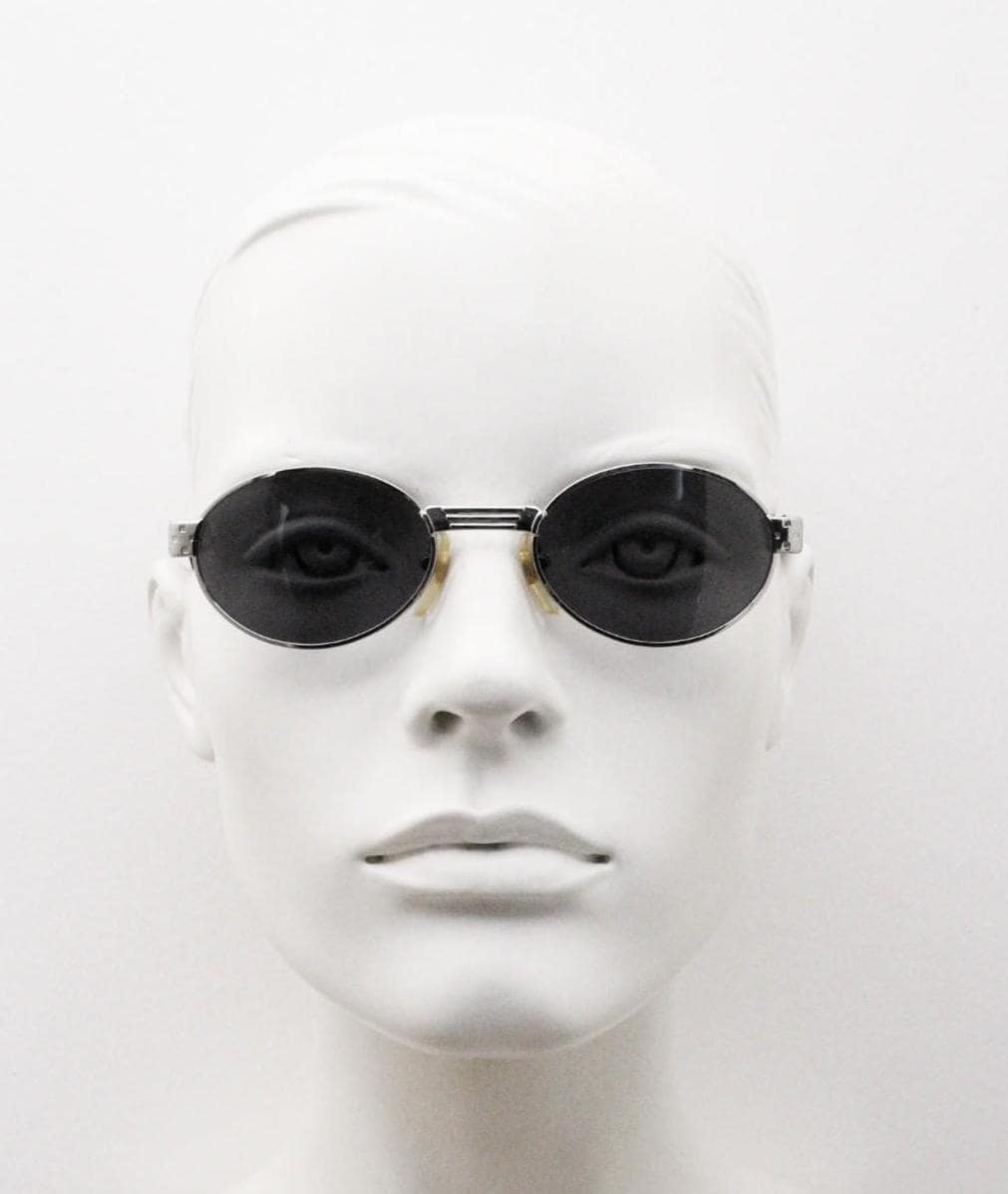 Prestige 90s vintage oval small bug eye sunglasses model 4028 made in Italy. Chrome finish solid metal frame with indented arm pattern. NOS