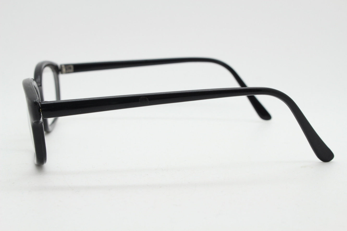 80s vintage low profile wayfarer style glasses. Black acetate optical frames with clear lenses. Prescription eyeglasses. RX Spectacles. NOS