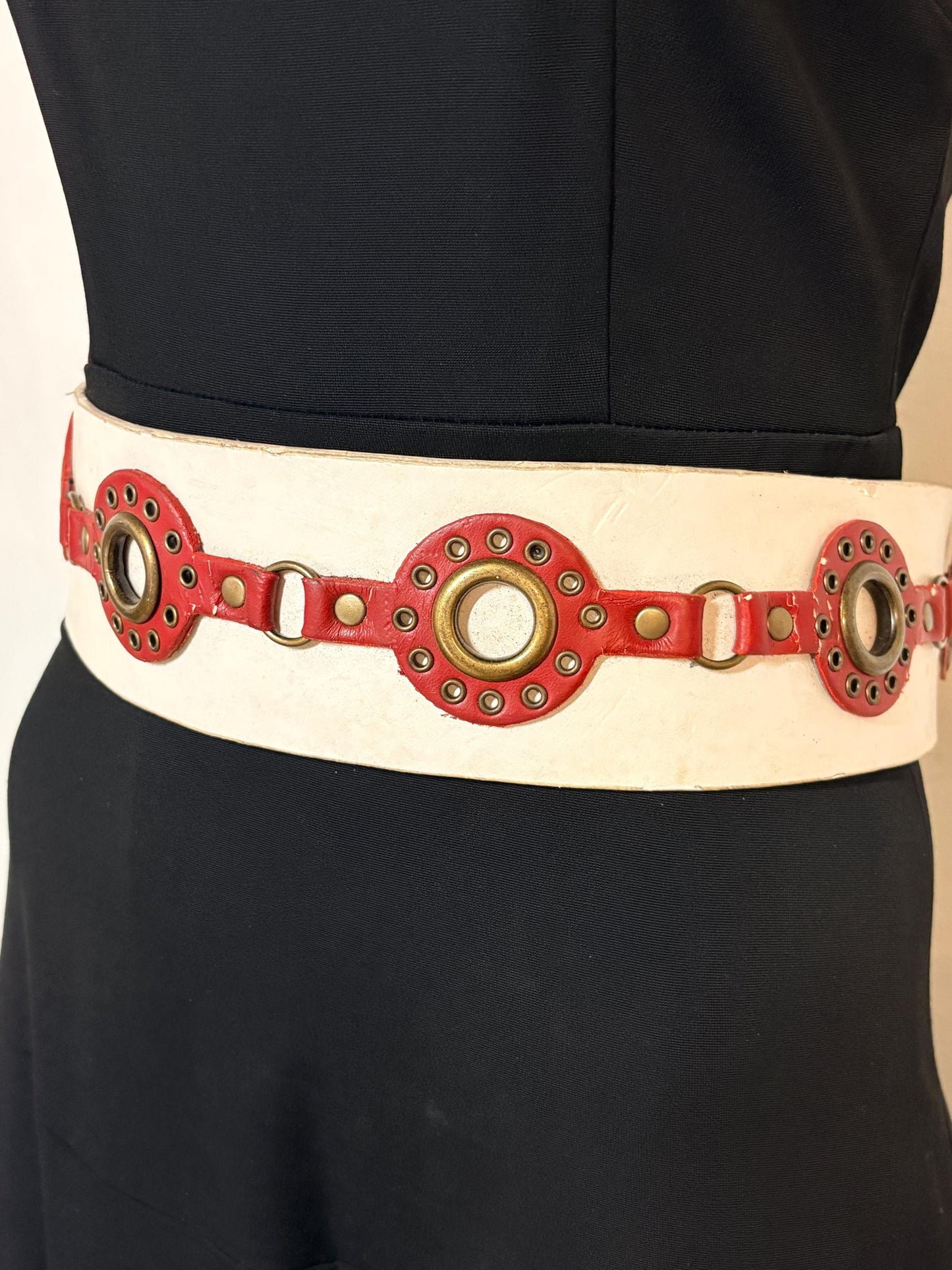 Y2K vintage womens white dress belt with red 'telephone dial' circles applique. Genuine 2000s with brass trims and buckle. NOS