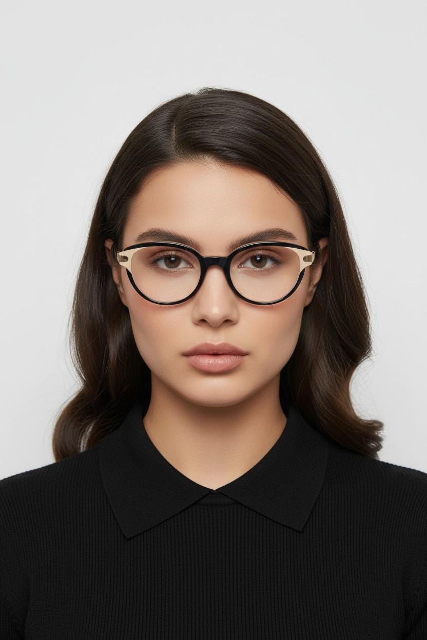 Nina Ricci vintage cat eye glasses. Yellow crystal and black acetate cateye optical frames gold metal arms. Womens prescription spectacles