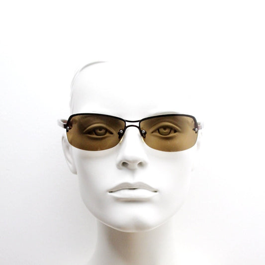 Y2K vintage modified small aviator sunglasses. Metallic brown chrome half frame with curved bug eye lenses and straight arms. 2000's. NOS