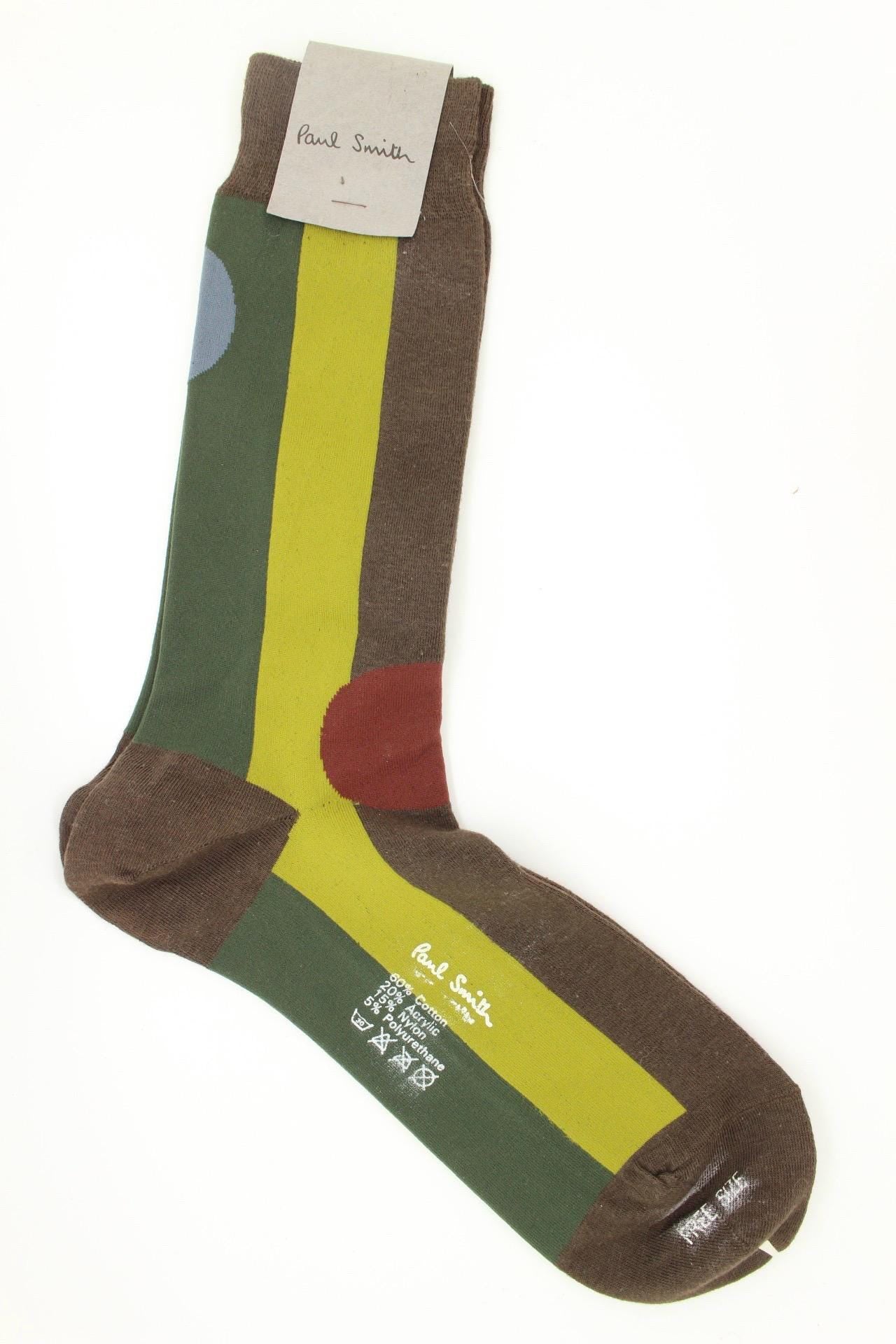Paul Smith broad striped socks in green, brown and emerald tones with big circles. From the world famous Harrods store. Vintage NOS. BNWT