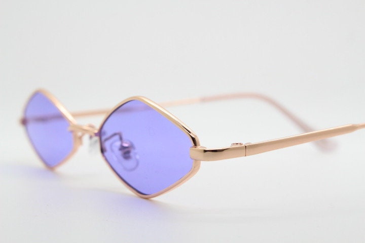 90s vintage small diamond sunglasses. Minimal gold psychedelic mod style frame with bright purple lenses. Unused New Old Stock