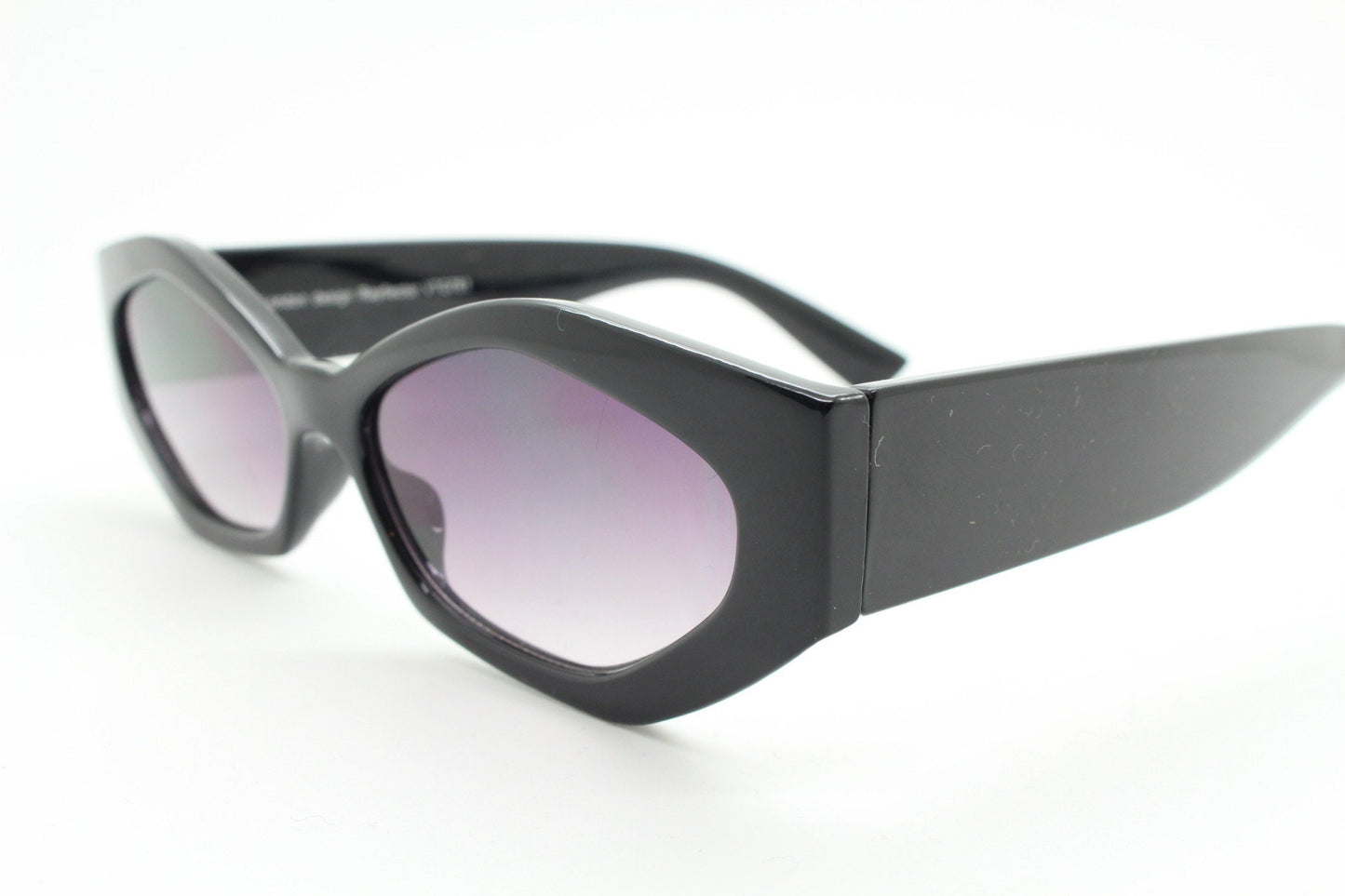 Vintage 90s low profile hexagon sunglasses. Jet black sharp angled 6 sided frame with full height arms and smoky lenses. Unused  BNWT