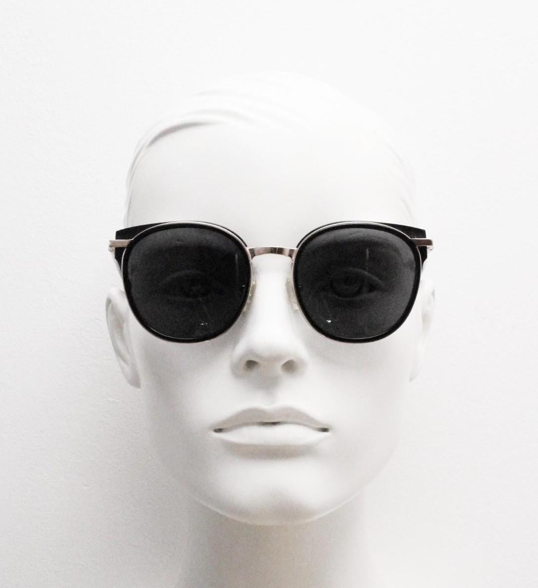 Carin round cat eye sunglasses, Gold metal frame with black cateye insets and matched dark tone lenses and slender arms