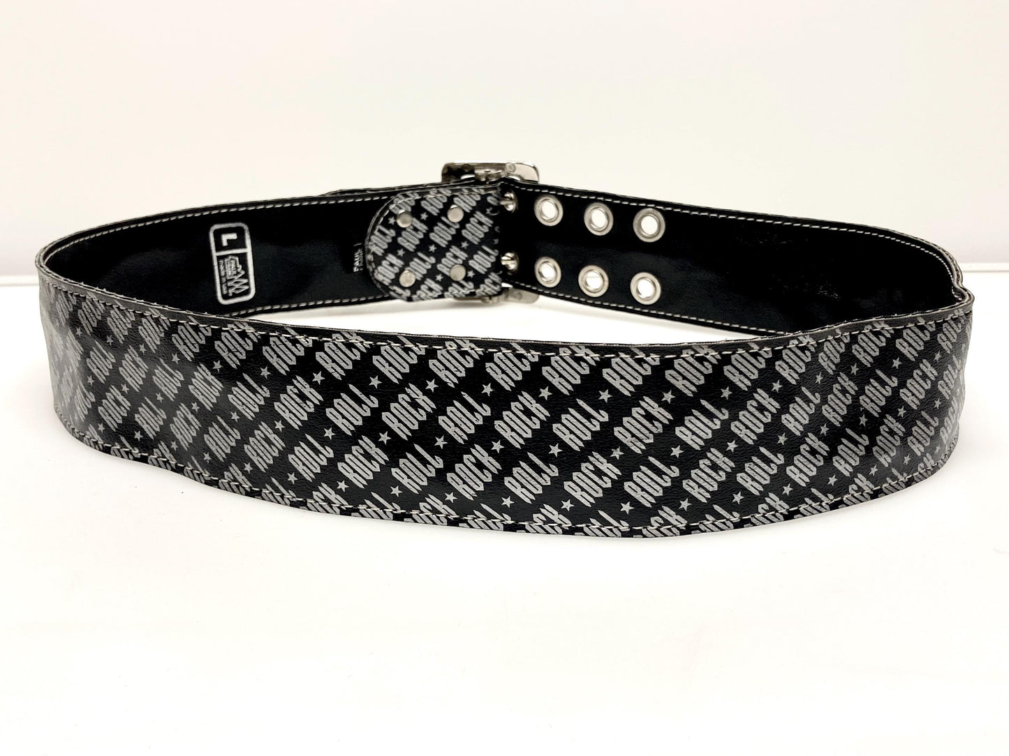 Paul Frank Y2K vintage mens big 'Rock n Roll' designer belt in black and silver. Made in the USA. 2000s NOS Mens large