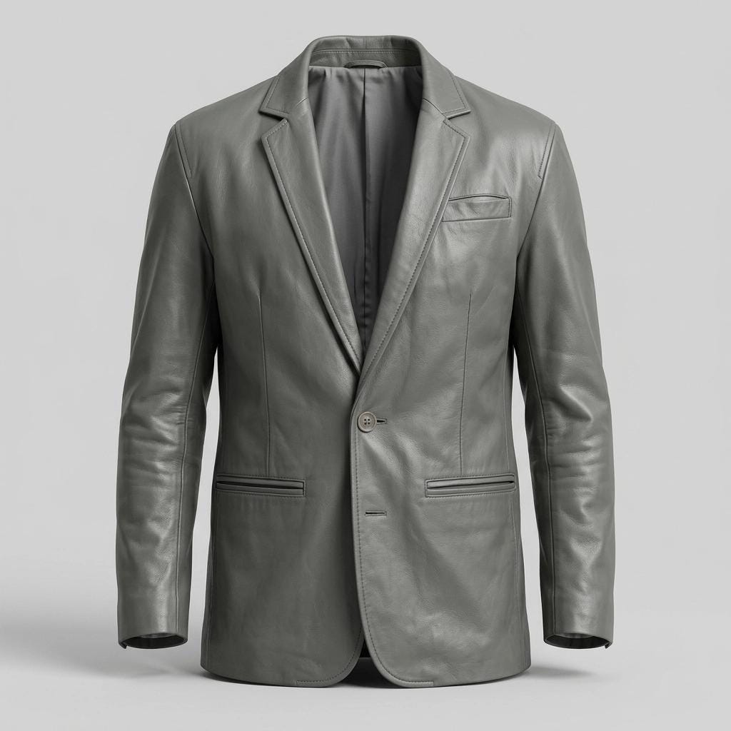 80s vintage grey genuine leather jacket. One button mens blazer design with slim lapels