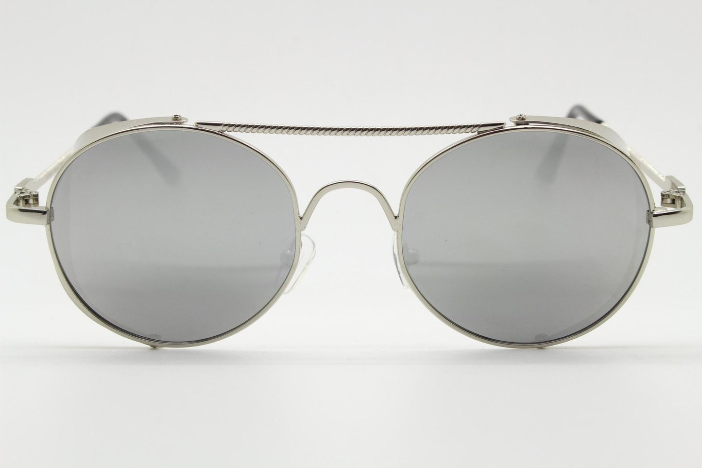90s vintage round goggle sunglasses. All metal silver chrome frame with folding side blinkers. Spoilers. Steampunk. Cosplay. NOS