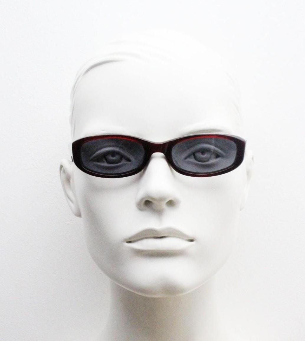 90s vintage rectangular sunglasses. Minimal low profile dark brown layered acetate frame with grey lenses. BNWT Unused NOS