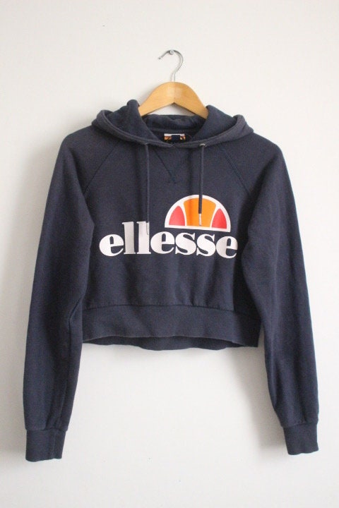 Ellesse cropped hoody top. Navy pullover with big spell out chest logo. Vintage. Y2K. Sweatshirt. Rave. UK size 8