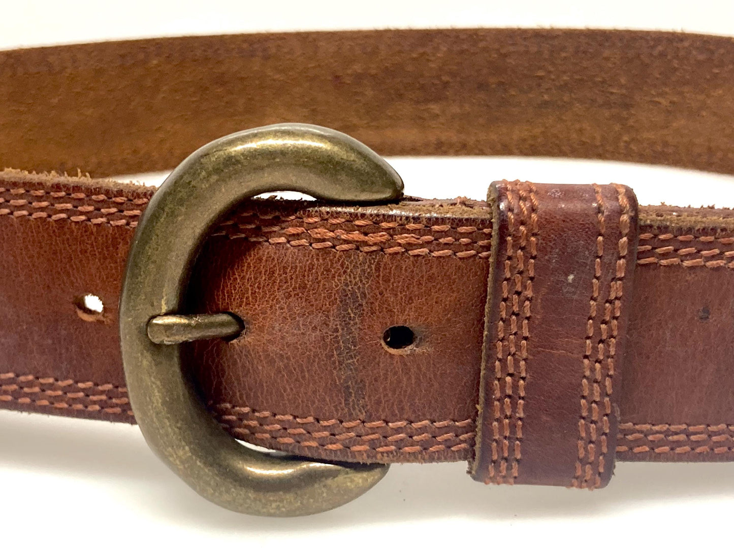 80s vintage jeans or trousers belt with brass buckle. Tan brown substantial single cut genuine leather construction with triple stitching
