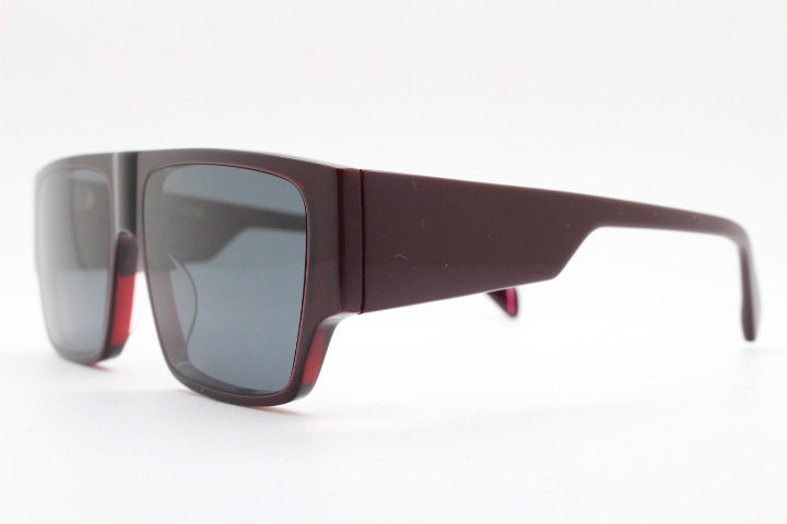 Kaleos square flat top sunglasses. Deep burgundy gloss acetate chunky frame with fat arms. New Old Stock