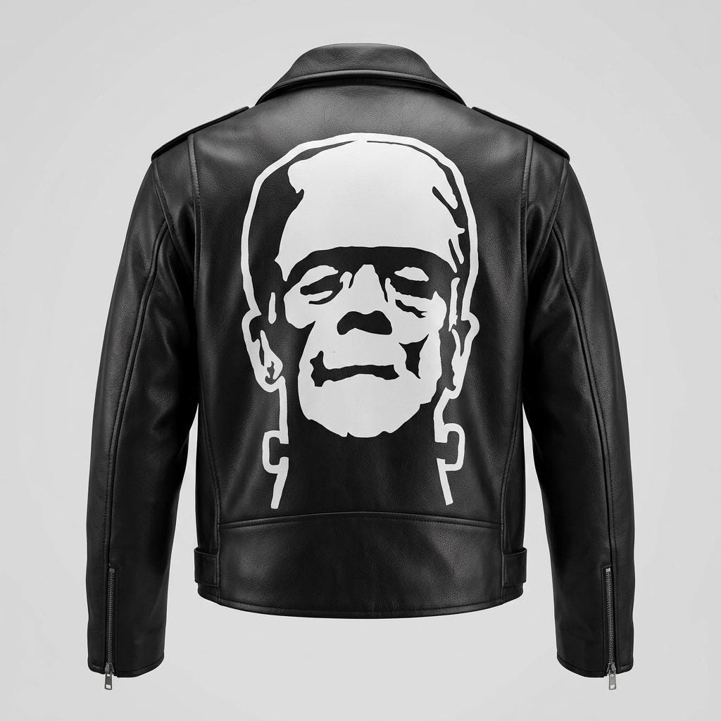 80s Vintage black motorcycle jacket with hand painted Frankenstein. Genuine leather biker with unique one off Boris Karloff design