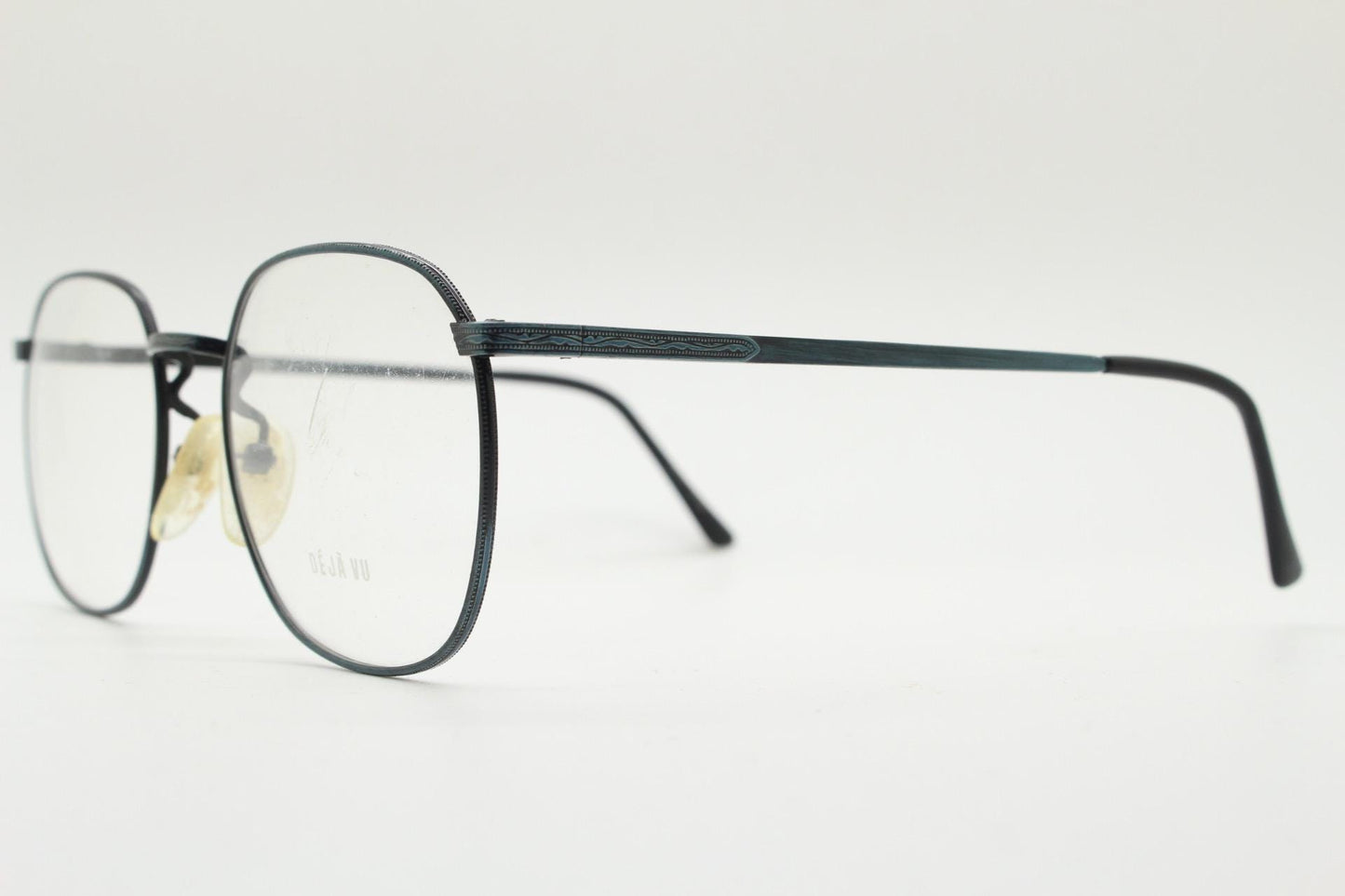 Deja Vu 80s vintage square eye glasses made in Japan. Textured minimal navy metal optical frames. Prescription RX spectacles. Unused NOS