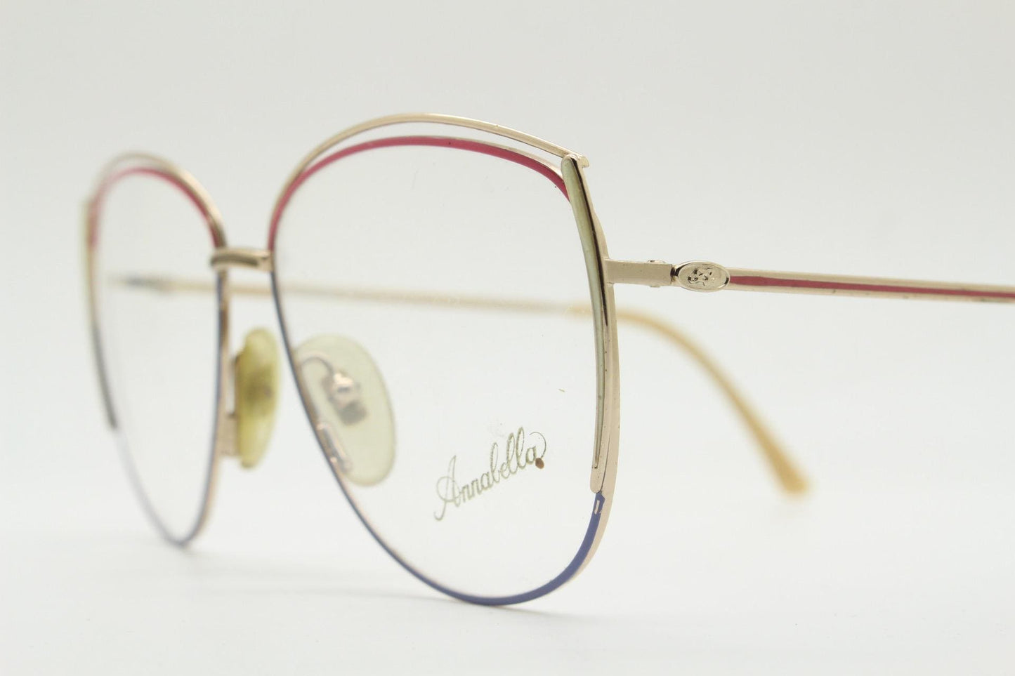 80s vintage gold metal eye glasses made in Italy by Annabella. Inventive double brow with pink highlights. Optical frame. Prescription NOS