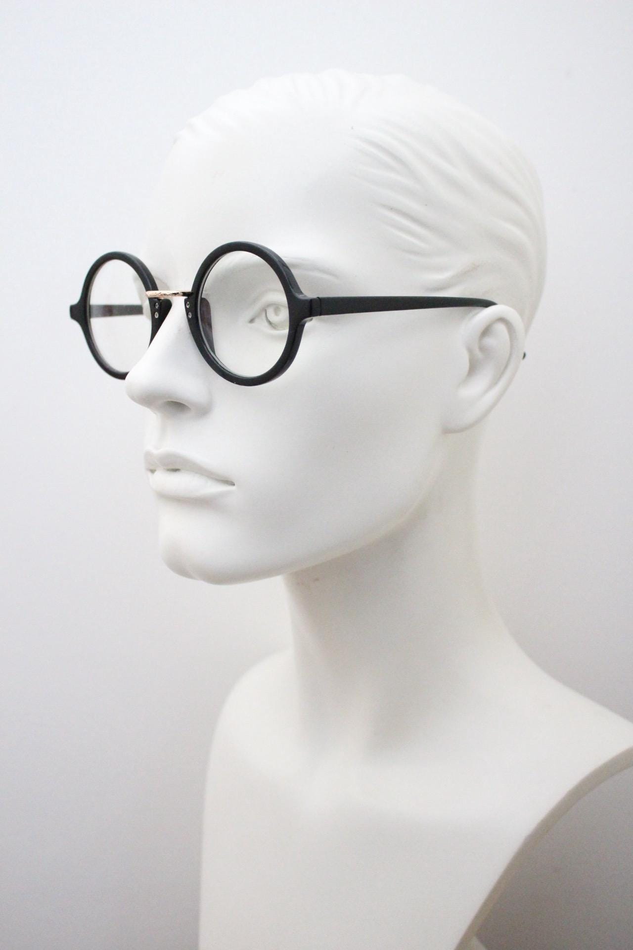 90s vintage black round glasses. 30s, 20s style optical frames. Prescription eyeglasses with clear lenses. RX spectacles